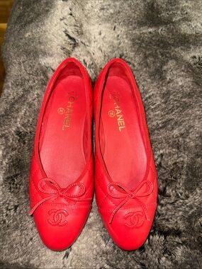 “CHANEL” style Red Quilted CC Logo Bow Ballet Flats